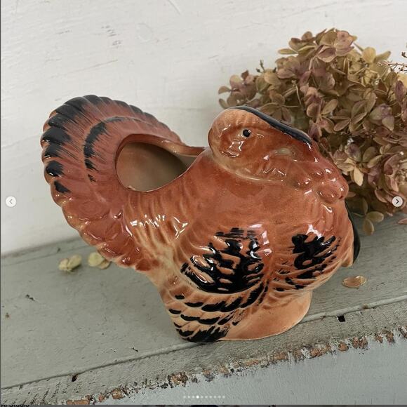 Vintage Turkey Planter Thanksgiving Dinner Table Centerpiece Ceramic Brown Black - Picture 4 of 10
